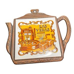 Vintage Las Vegas Cast Iron and Ceramic Trivet Travel Souvenir Teapot Shape